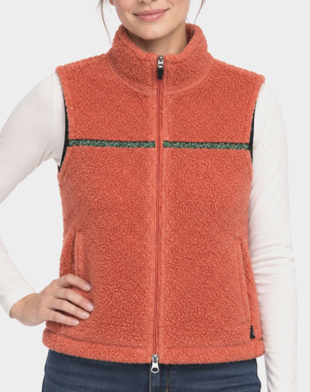 Horny Toad Small Coral Sherpa Fleece Vest Full Zip Floral Trim Outdoor Cozy